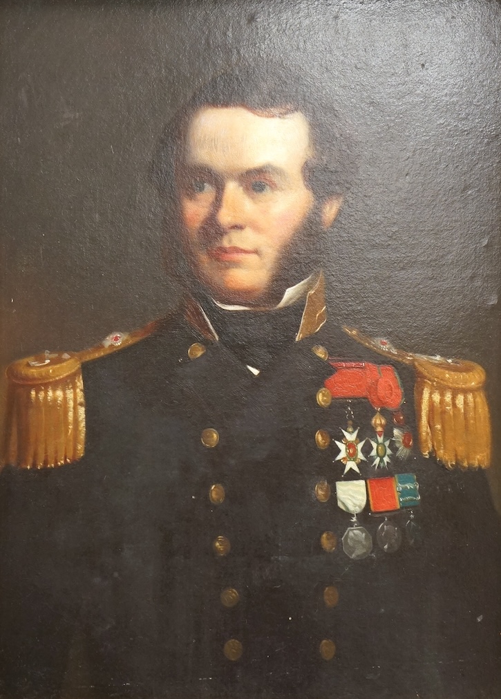 Early 20th century school, Portrait of Naval officer Sherard Osborn (1822-1875), oil on board, 37 x 27cm, gilt frame